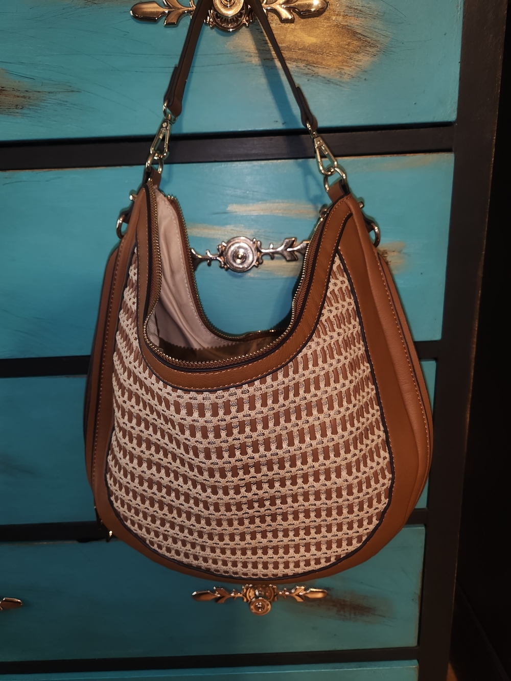 INC International Concepts Two-Tone Woven Hobo in Tan and Cream